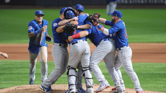 Chicago Cubs pitcher Alec Mills celebrates after recording a no-hitter against the Milwaukee Brewers for the second of the season.